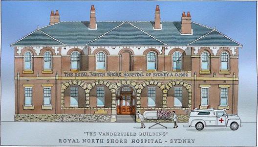 Painting of The Vanderfield Building at Royal North Shore Hospital, named in honour of the later Roger Vanderfield, Watercolour and ink on paper, Image courtesy of Simon Fieldhouse, Copyright Simon Fieldhouse